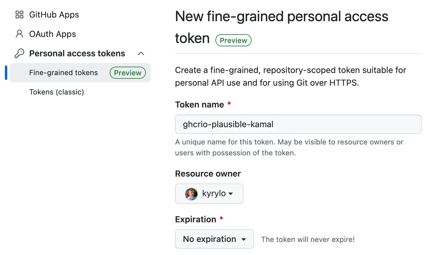 New fine-grained personal access token on GitHub